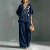 2026 Novo Estilo Transfronteiriço Amazon Conjunto Feminino de 2 Peças Tamanho Plus Algodão Linho Conjunto Casual Calça Longa Solta de Cintura Alta
