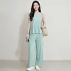 Traje Plisado para Mujer, Verano Tallas Grandes, Estilo Coreano Casual Sin Mangas Cuello Redondo Top y Pantalones de Pierna Ancha Conjunto de Dos Piezas, Corte Holgado para Cubrir el Cuerpo