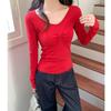 Camiseta de Manga Larga con Cuello en V y Hombro Derecho Plisado para Mujer, Nueva Prenda Básica de Principios de Primavera, Diseño de Nicho, Top de Moda