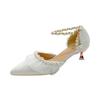 Estilo Francés Nuevo Verano 2023 Zapatos de Tacón Alto para Dama de Honor Mary Jane Zapatos de Boda Seda Elegantes Aumentadores de Altura Tacón Alto Zapatos de Salón para Mujer Perla