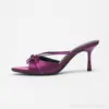 Sandalias de Tacón Alto con Punta Abierta Puntiaguda Primavera y Verano Lazo Dulce Moda de Alta Gama Elegantes Sandalias de Satén de Tacón de Aguja para Mujer