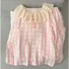 Pijama doble largo de encaje de algodón nube a cuadros amarillos, conjunto fino y amigable con la piel para casa para mujer en primavera y otoño