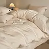 Conjunto de cama de quatro peças em jacquard de luxo, camada dupla de gaze, 100% algodão, capa de edredom de alta qualidade em algodão puro, lençol de cima e lençol com elástico, conjunto de três peças