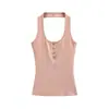 Top Halter Sexy Estilo Europeo y Americano con Escote en U y Botones de Concha, Nueva Moda de Verano Versátil Ajustado de Color Sólido Top Chica Picante