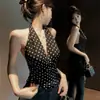 Novo Top Halter Preto com Bolinhas 2025 Versátil Costas Nuas Decote V para Mulheres, Feminino, Cintura Marcada e Estiloso
