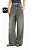 Jeans escuro vintage estilo americano rico para homens e mulheres, lavagem cat-eye de alta qualidade, desgastado, corte slim, levemente flare, calças compridas