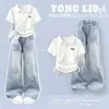 Conjunto de Verano para Niña 2026 Nuevo Estilo Coreano Niña Grande Verano Elegante Manga Corta Mezclilla Conjunto de Dos Piezas