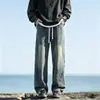 Jeans reto solto da moda estilo americano com retalhos para homens, novas calças casuais versáteis de verão com perna curva
