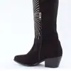 Botas de Tacón Alto Nuevas Puntiagudas con Pedrería Clásicas Hasta la Rodilla para Mujer Tacón de Bloque 2023 Niñas Mezclilla Gruesas