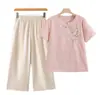 Conjunto de verão retrô feminino para mães de meia-idade, conjunto de duas peças de verão para mulheres de meia-idade e idosas em estilo chinês com mangas curtas