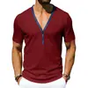 Camiseta Masculina Casual Simples de Verão Amazon Temu Transfronteiriça Estilo Americano Soltinha Elástica Blocos de Cor Gola V Henley Manga Curta