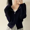 Cardigan de Tricô Espesso com Capuz Estilo Preguiçoso Outono e Inverno Design de Zíper Estilo Coreano Gola Alta Suéter Feminino