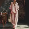 Conjunto de dos piezas de moda casual transfronteriza europea y americana para mujer, color liso, cuello en V, holgado, manga corta, pantalones largos casuales