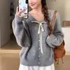 Suéter de Renda Coreana com Cadarço e Gola Jacket Feminina Outono e Inverno Novo Estilo Preguiçoso Design de Pequena Fragrância Cardigan de Tricô
