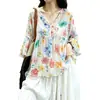 Ropa de mujer talla grande 2026 nuevo top de verano de gasa estampado con cuello en V y manga acampanada, adelgazante y rejuvenecedor, camisa para ocultar la barriga