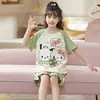 Pijama Infantil Conjunto de Roupa de Casa Pijama Infantil Meninas Manga Curta Shorts Conjunto de Duas Peças Verão Desenho Animado Algodão Puro Fino