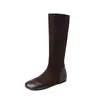 Primeiro Encontro Ji Juhao Bonitas Bico Redondo Patchwork Zíper Lateral Elásticas Emagrecedoras Botas Femininas Versátil Salto Escondido Botas de Cano Alto