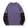 Camiseta masculina de outono estilo novo plus size, imitação de duas peças, algodão puro, manga longa, top solto, cor blocada, lavagem vintage desgastada para homens