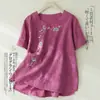 Nova Camiseta de Manga Curta Bordada em Algodão e Linho Estilo Chinês Guofeng Indústria Pesada Feminina Top Solto Design Pulôver Gola Redonda Camisa Pequena para Mulheres