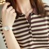 Verano Nuevo Algodón POLO Cuello Rayado Camiseta de Manga Corta Camisa de Punto Jersey Top Adelgazante Manga Corta Elegante Mujer