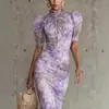 2026 Nuevo Estilo Vestido Largo Estampado de Manga Abullonada Estilo Francés Ajustado Moda Transfronteriza Europea y Americana Vestido Plisado