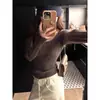 Blusa de tricô gola U manga longa para mulheres, primavera e outono, elegante, acinturada, justa ao corpo, segunda pele, top com toque de alta qualidade