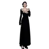 Vestido Largo de Manga Larga con Bloques de Color Transfronterizos Estilo Francés y Encaje de Terciopelo Alemán para Mujer, Nuevo Modelo de Principios de Otoño, Impresionante y Elegante Vestido Largo
