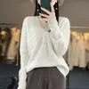 Indústria Pesada Novo Chinês 100% Lã Pura Suéter Feminino Gola V Liso Crochê Europeu High-end Outono e Inverno Suéter de Tricô Top