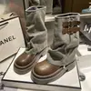 Botas bootcut estilo retro británico petite, nuevo modelo otoño 2026, adelgazantes, de suela gruesa, que aumentan la altura, con hebilla de cinturón y forro polar, botas de moda