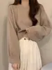 Nuevo Suéter de Punto de Color Sólido Estilo Coreano para Otoño e Invierno, Cuello Redondo, Corto, Versátil, Holgado, Elegante, Moderno para Mujer