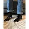 Botas blancas elegantes de punta cuadrada a media pantorrilla tacones altos franceses tacones gruesos botines para mujer 2026 Primavera/Otoño nuevo estilo mismo estilo charol