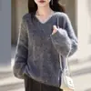 Suéter Casual de Lana Larga, Forro Polar y Cachemir con Tacto Suave, Jersey de Pico, Suéter de Punto de Alta Gama Otoño-Invierno para Mujer