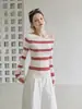 Camiseta de manga larga a rayas con bloques de color, diseño estilo coreano, hombros descubiertos, para mujer, otoño 2026, corte ajustado, top versátil