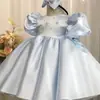 Lindo y elegante vestido de princesa azul de satén, vestido de tutú de satén, vestido para el primer cumpleaños del bebé, vestido para sesión de fotos de cumpleaños de niña
