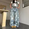 Jeans retro americanos lavados con estampado de estrellas y dobladillo curvo para mujer, nuevo estilo de otoño, pantalones rectos de pierna ancha, holgados y adelgazantes