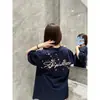 Marca Nacional de Moda Americana High Street Bordado Floral Camiseta de Peso Pesado Manga Corta para Mujer Verano Holgado Azul Marino Top de Media Manga