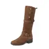 Bota feminina de montaria em veludo retrô, de uso duplo, forrada com fleece, quente, de cano alto, para outono e inverno, com tiras de fivela, salto grosso, botas de moda que afinam