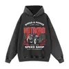 Moletom com capuz estampado estilo americano, estilo motociclista vintage, resistente, oversized, modelagem solta, tamanho grande, lavado e com aspecto desgastado, em estoque