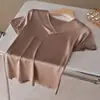 [Processamento e Personalização] Camiseta de Seda Feminina Gola Empilhada Manga Curta Solta Modeladora Top Seda Amora Cor Pura Decote V Camiseta para Usar por Baixo