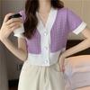 Verão 2021 Novo Estilo Coreano Solto Decote V Elegante Contraste Top Curto Manga Curta Cardigan Tricotado
