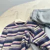 "Deliciosa Serie Rayada" Camiseta de Manga Larga de Punto Color Block Corte Holgado Base Suave de Felpa para Invierno