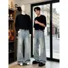 Jeans hechos a mano con efecto lavado y desgastado estilo retro americano para hombre, corte holgado de moda, texturizados, pantalones rectos versátiles para ir al trabajo