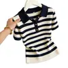 Camiseta de Punto de Seda Helada a Rayas con Cuello Polo Talla Grande para Mujer Manga Corta Delgada Moderna Top Holgado 2026 Primavera/Verano