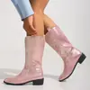 Botas de caballero bordadas de talla grande para mujer, otoño e invierno 2026, nuevas, de comercio exterior europeo y americano, punta fina, tacón cuadrado, botas largas bordadas transfronterizas