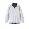 Sudadera Bordada de Doble Capa Falsa de Dos Piezas para Hombre, Top de Manga Larga para Pareja Primavera y Otoño, Chaqueta Estilo Universidad Americana