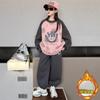 24 Outono/Inverno Infantil Forrado com Lã Espessado Solto Casual Roupa Esportiva Calça de Moletom Estampada para Menina Conjunto de Duas Peças