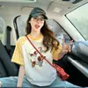 Camiseta de Manga Corta a Cuadros Bloqueada en Color Azul Estilo Academia para Mujer con Estampado de Perro de Dibujos Animados, Corte Holgado, Top Juvenil y Elegante