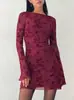 Minivestido Floral de Encaje Rojo para Mujer, Manga Larga, Cuello Redondo, Gasa Transpirable, Cintura Natural, Largo hasta la Rodilla, Casual de Verano