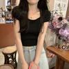 2024 Verano Nuevo Coreano Tejido Camiseta Base Estilo Camisa de Cuello Cuadrado Manga Corta Camiseta Hombro Pequeño Top Combinable para Mujer