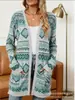 Nuevo cárdigan fino largo de comercio exterior transfronterizo con bolsillos, abrigo suéter de moda estampado para otoño e invierno, personalizado, casual para mujer